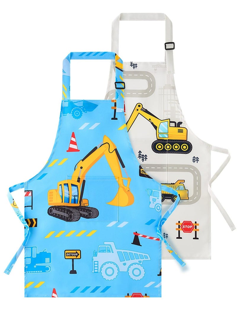 WERNNSAI 2 Pack Kids Aprons - Truck Kids Art Aprons for Boys Waterproof Toddler Chef Aprons Cooking Baking Painting Gardening Apron for Kids with Pocket Kitchen Classroom Art Smocks Age 2-5 Years - Image 1